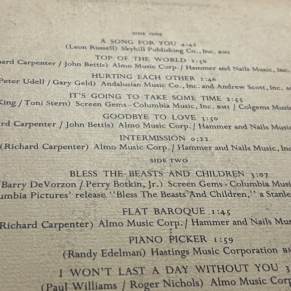 Carpenters LP Vinyl Record ( A Song First You ) AM Records SP-3511 - Picture 3 of 3